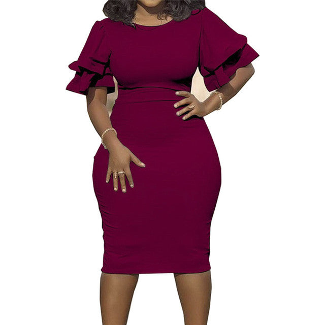 Curvy Women's O-Neck Lantern Sleeve Dress