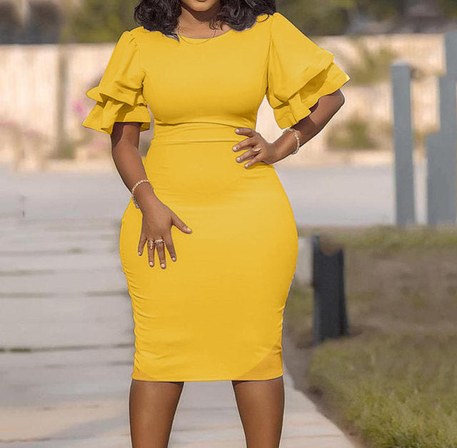 Curvy Women's O-Neck Lantern Sleeve Dress