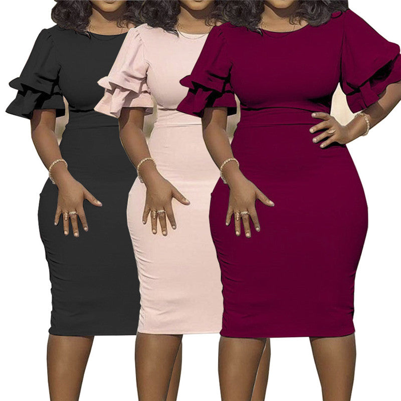 Curvy Women's O-Neck Lantern Sleeve Dress
