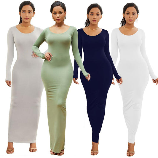 Solid Color Long Sleeve Round Neck Bodycon Maxi Dress