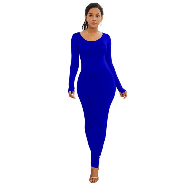 Solid Color Long Sleeve Round Neck Bodycon Maxi Dress