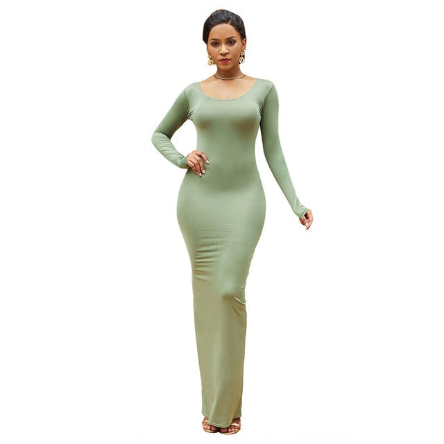 Solid Color Long Sleeve Round Neck Bodycon Maxi Dress