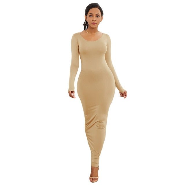 Solid Color Long Sleeve Round Neck Bodycon Maxi Dress