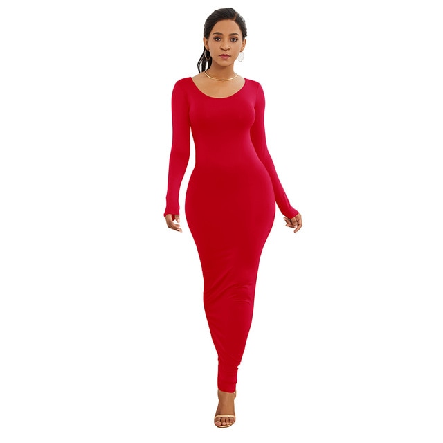 Solid Color Long Sleeve Round Neck Bodycon Maxi Dress