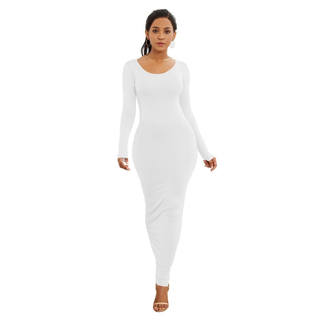 Solid Color Long Sleeve Round Neck Bodycon Maxi Dress