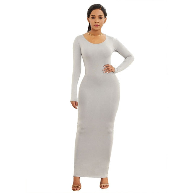 Solid Color Long Sleeve Round Neck Bodycon Maxi Dress