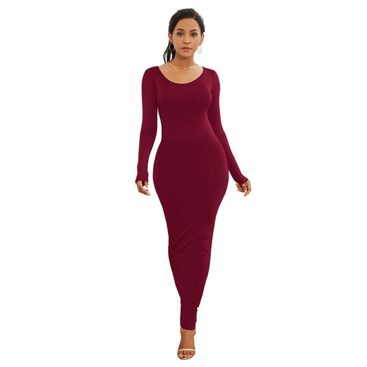 Solid Color Long Sleeve Round Neck Bodycon Maxi Dress