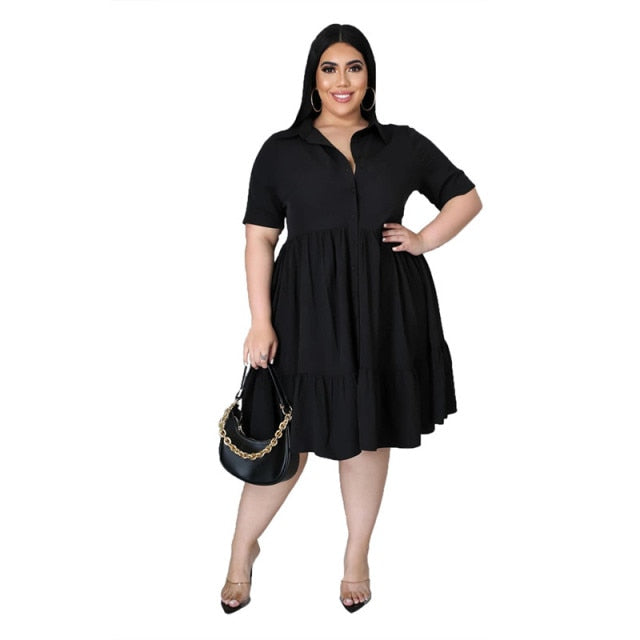New Plus Size Casual Turn Down Collar Knee Length Ruffle Shirt Dress