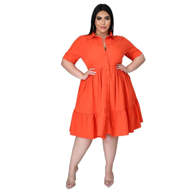 New Plus Size Casual Turn Down Collar Knee Length Ruffle Shirt Dress