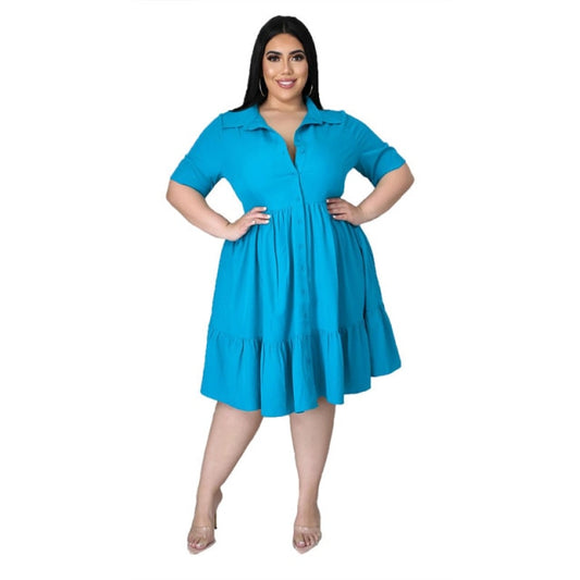 New Plus Size Casual Turn Down Collar Knee Length Ruffle Shirt Dress