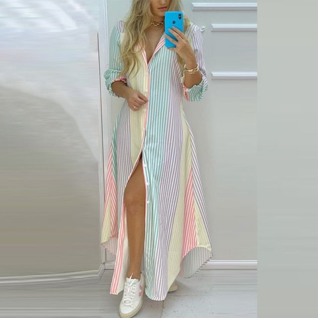 Boho Dress Single Breasted Button Long Sexy Turn-down Collar Maxi Dress