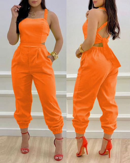 Crisscross Lace Up Details Backless Jumpsuit
