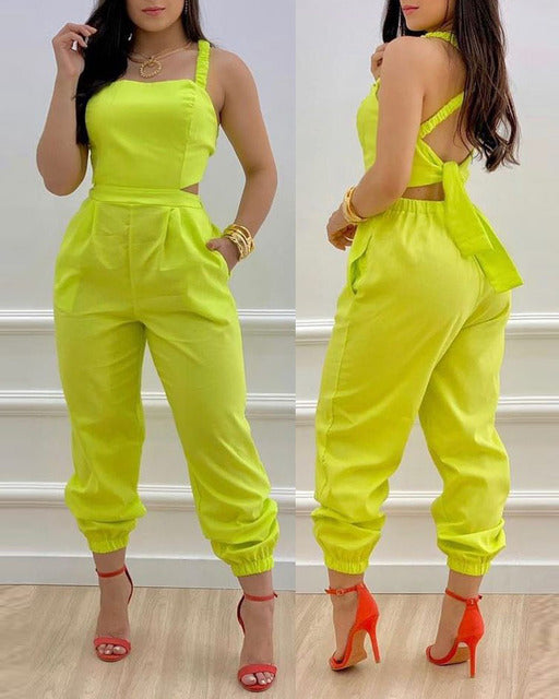 Crisscross Lace Up Details Backless Jumpsuit