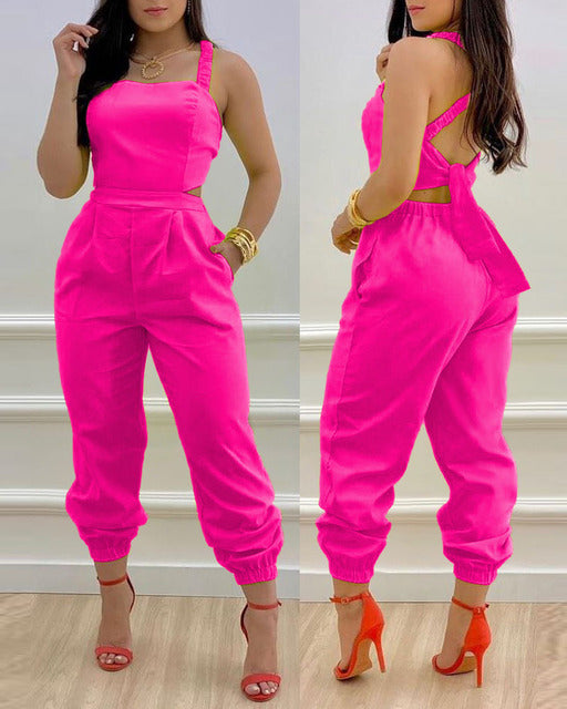 Crisscross Lace Up Details Backless Jumpsuit
