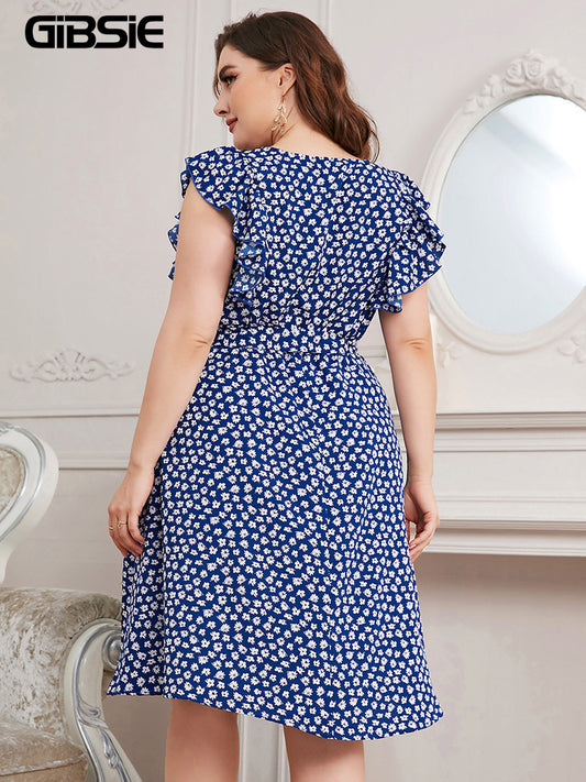 GIBSIE Curvy Size Ditsy Floral Print Ruffle Trim Belted Boho A-line O-Neck Midi Dresses