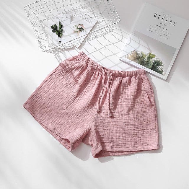 Summer Couples Sleep Pants - 100% Cotton Crepe Pajama Shorts Men and Women Elastic Waist