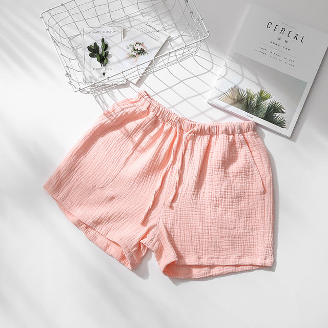 Summer Couples Sleep Pants - 100% Cotton Crepe Pajama Shorts Men and Women Elastic Waist