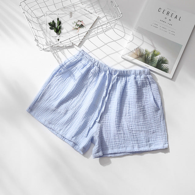 Summer Couples Sleep Pants - 100% Cotton Crepe Pajama Shorts Men and Women Elastic Waist