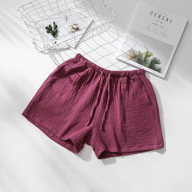 Summer Couples Sleep Pants - 100% Cotton Crepe Pajama Shorts Men and Women Elastic Waist