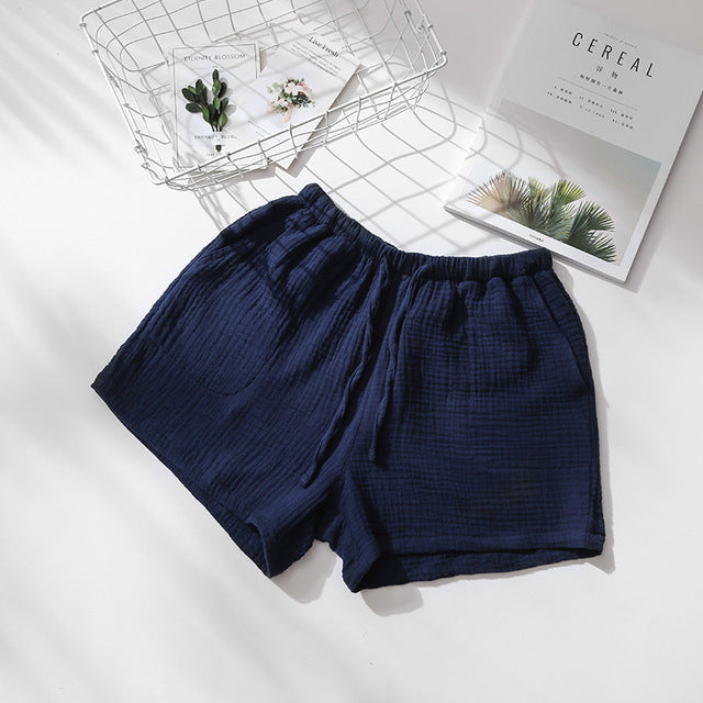 Summer Couples Sleep Pants - 100% Cotton Crepe Pajama Shorts Men and Women Elastic Waist