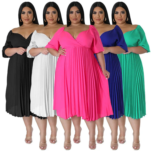 Curvy Office Lady Pleated Dress Summer Women's Half Sleeve Rouged Casual Elegant Party Dress