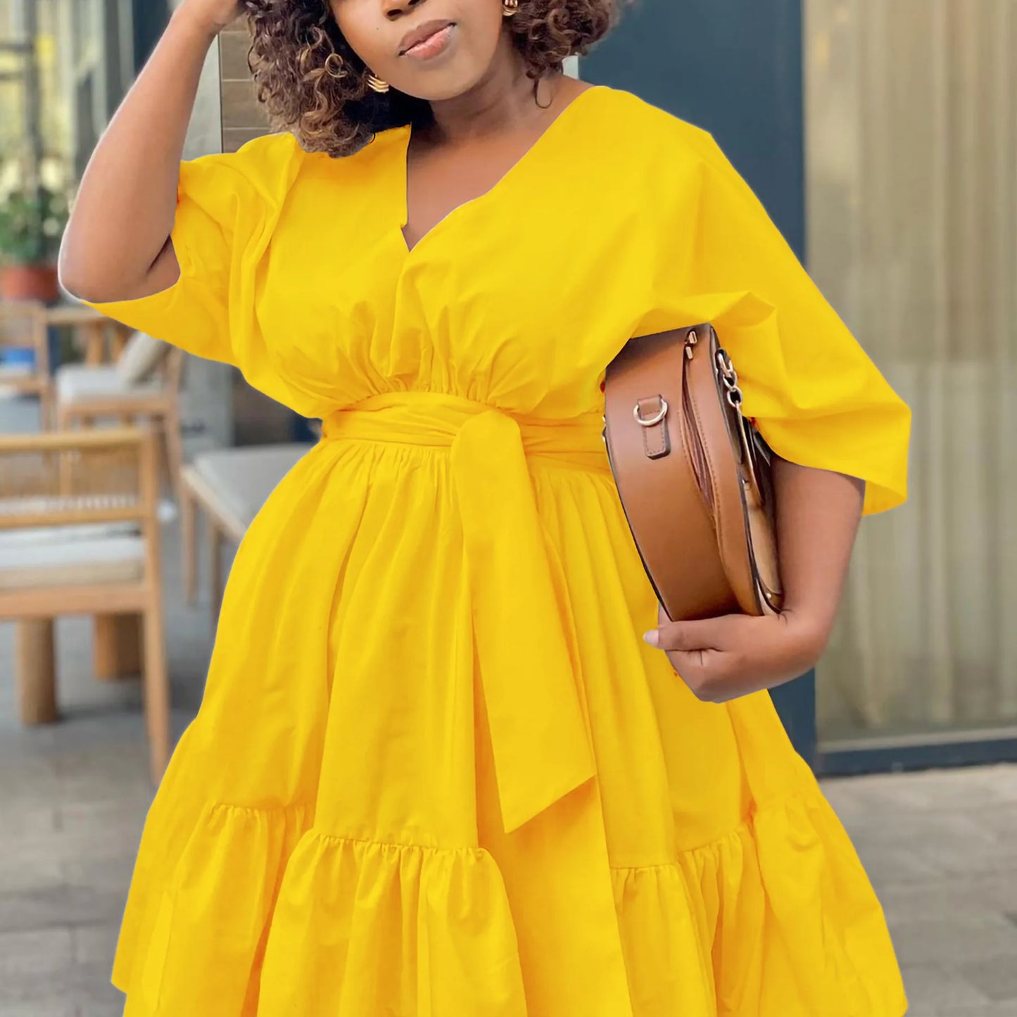 Plus Size Loose Casual Wide Elegant Belted Luxury Dinner Evening Midi / 2024 Spring Women Party Dress