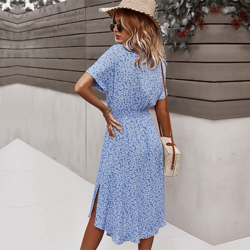 Women's Summer Floral Fashion Casual Short Sleeve Button Midi Dress Elegant Chic V-Neck Boho Beach Dress