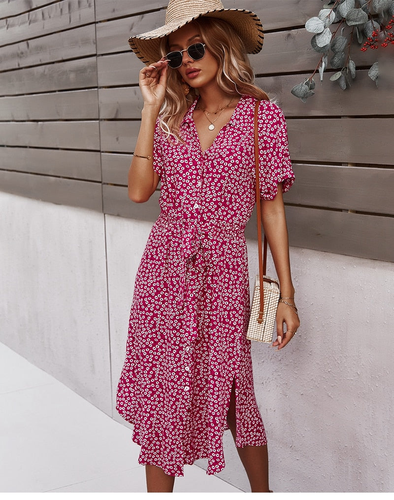 Women's Summer Floral Fashion Casual Short Sleeve Button Midi Dress Elegant Chic V-Neck Boho Beach Dress