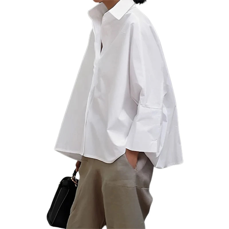 Fashion Solid Color Lapel Blouses All Season Long Sleeves Loose Casual Office Shirts