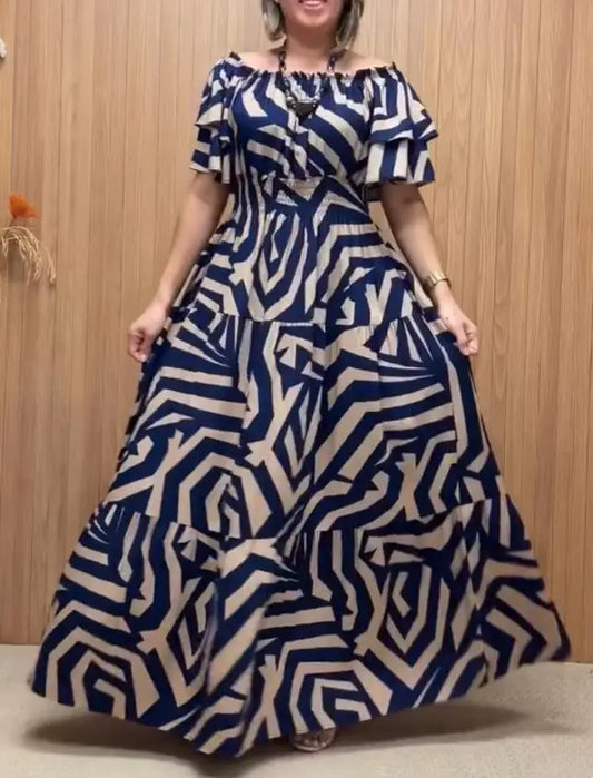 Summer Sexy Elegant Dress Geometric Print Off The Shoulder Short Sleeve Waist Ruffles