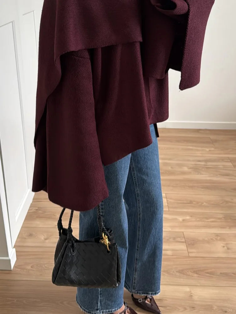 2024 Burgundy Women's Chic Scarf Collar Jackets Autumn Fashion Long Sleeved Casual Loose Coat New Ladies Elegant Street Outwear