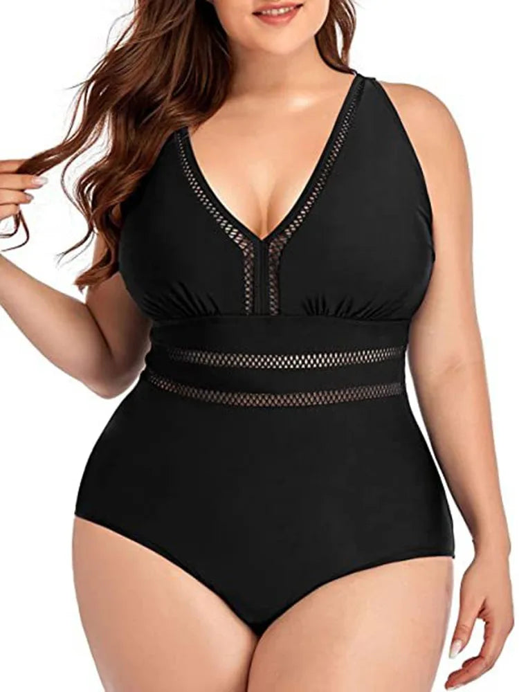 Plus Size Swimsuit Women 2023 Swimwear One Piece Tankini Large Size Solid Color Swimming Sport Mesh Stitching Bikini Bathing