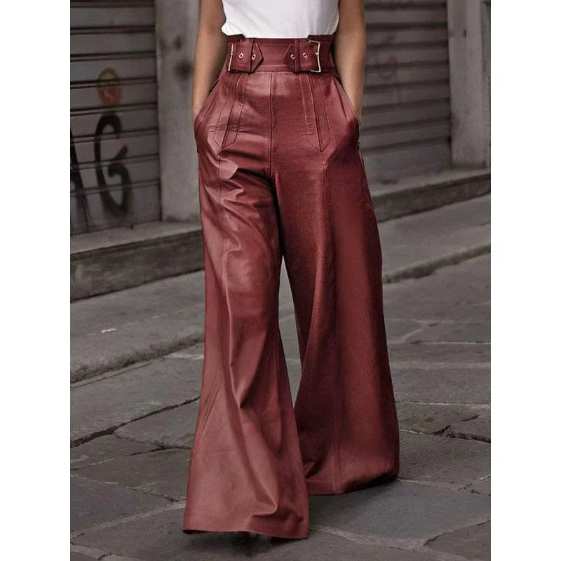 Modigirl Autumn Winter Women's Faux Pu Long Pants 2024 High Waisted Loose Pleated Pockets Streetwear Female Wide Leg Trousers