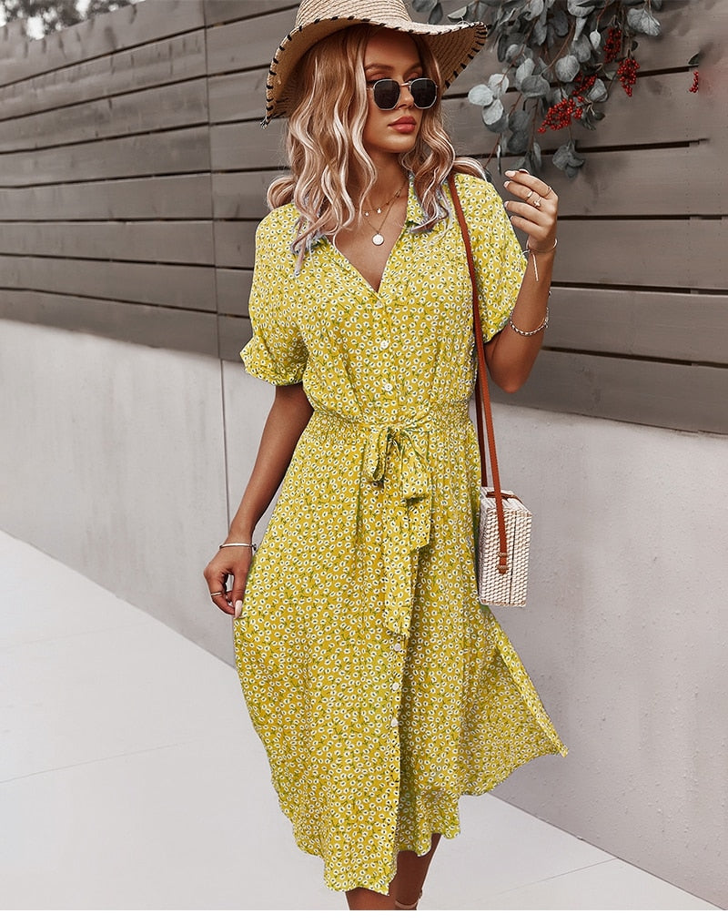 Women's Summer Floral Fashion Casual Short Sleeve Button Midi Dress Elegant Chic V-Neck Boho Beach Dress