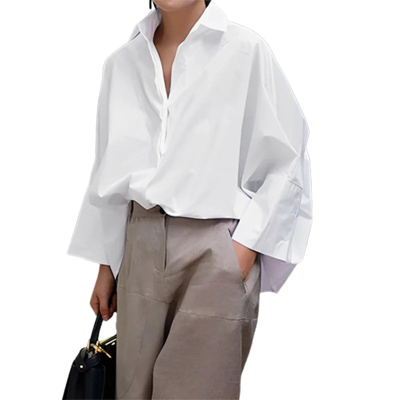 Fashion Solid Color Lapel Blouses All Season Long Sleeves Loose Casual Office Shirts