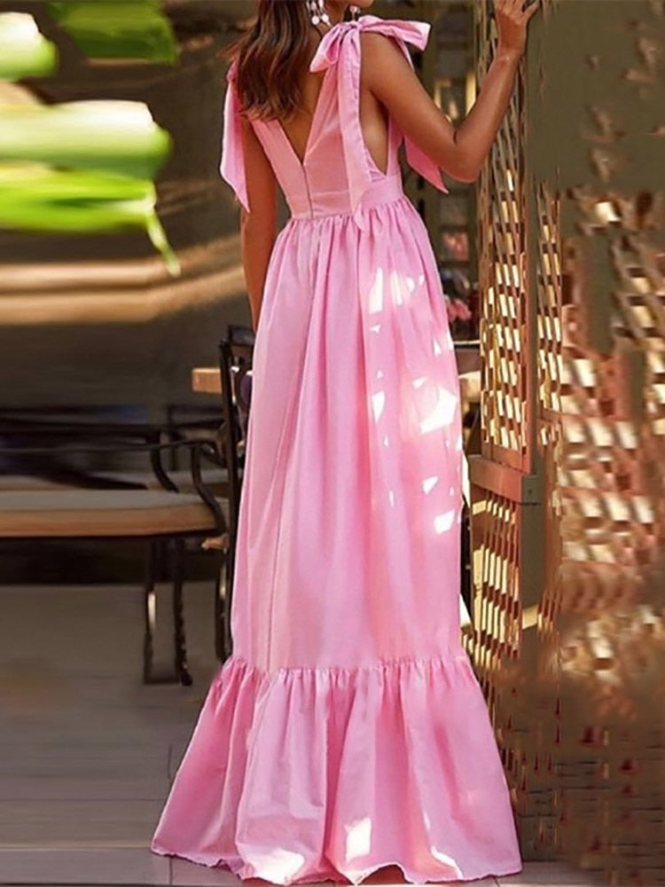 Sexy Summer Women V-Neck Sling Backless Elegant Hollow Out BowKnot Long Party Maxi Dress