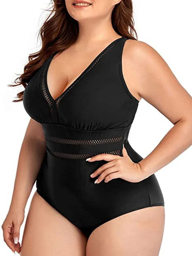 Plus Size Swimsuit Women 2023 Swimwear One Piece Tankini Large Size Solid Color Swimming Sport Mesh Stitching Bikini Bathing