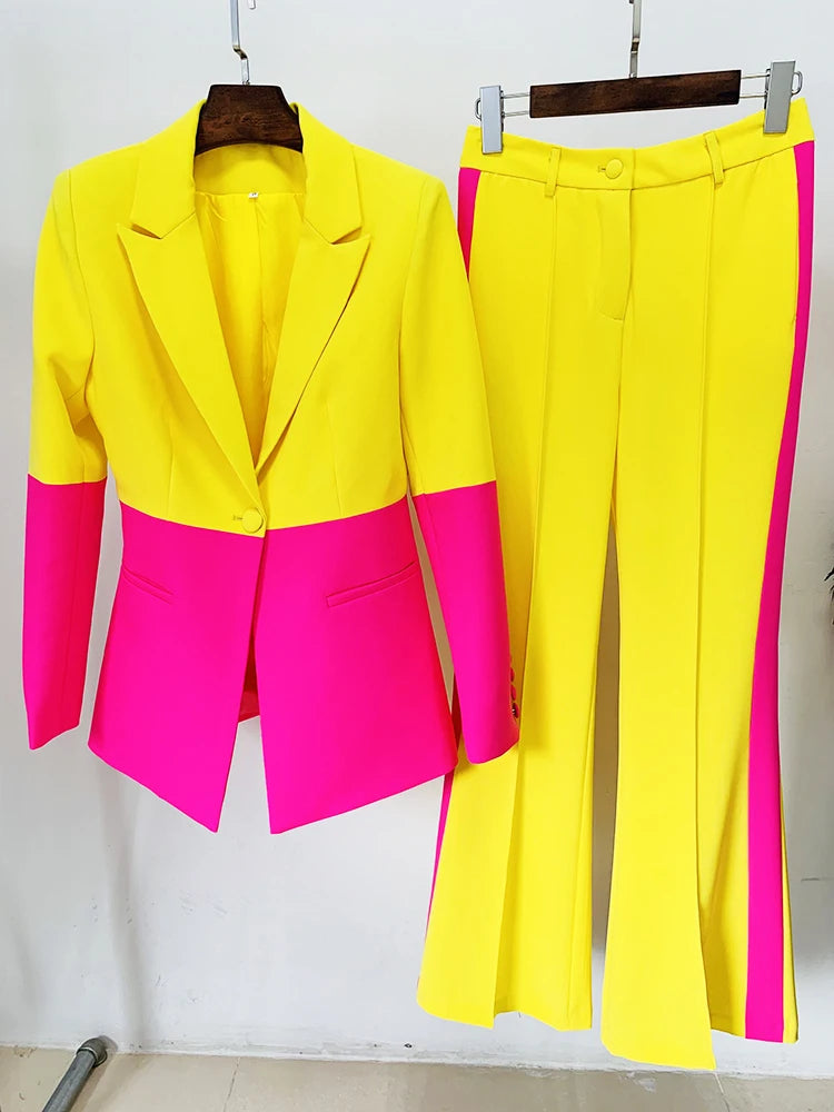 HIGH QUALITY Newest 2024 Star Style Designer Runway Suit Set Women's Single Button Color Block Blazer Flare Pants Suit