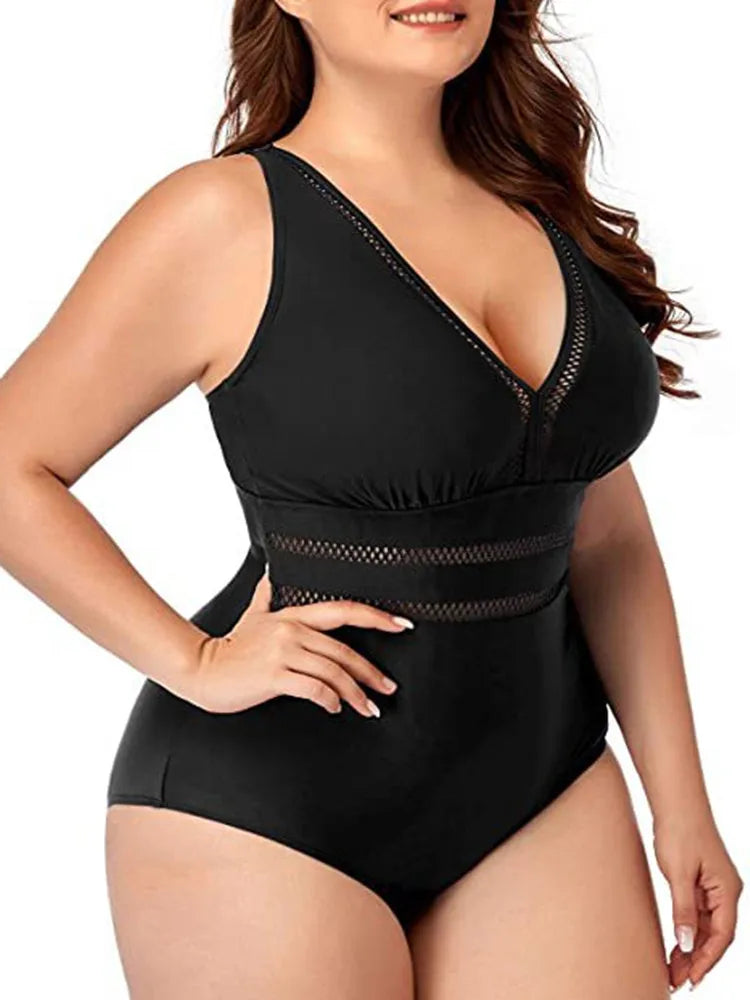 Plus Size Swimsuit Women 2023 Swimwear One Piece Tankini Large Size Solid Color Swimming Sport Mesh Stitching Bikini Bathing