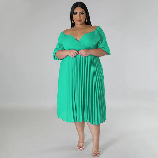 Curvy Office Lady Pleated Dress Summer Women's Half Sleeve Rouged Casual Elegant Party Dress