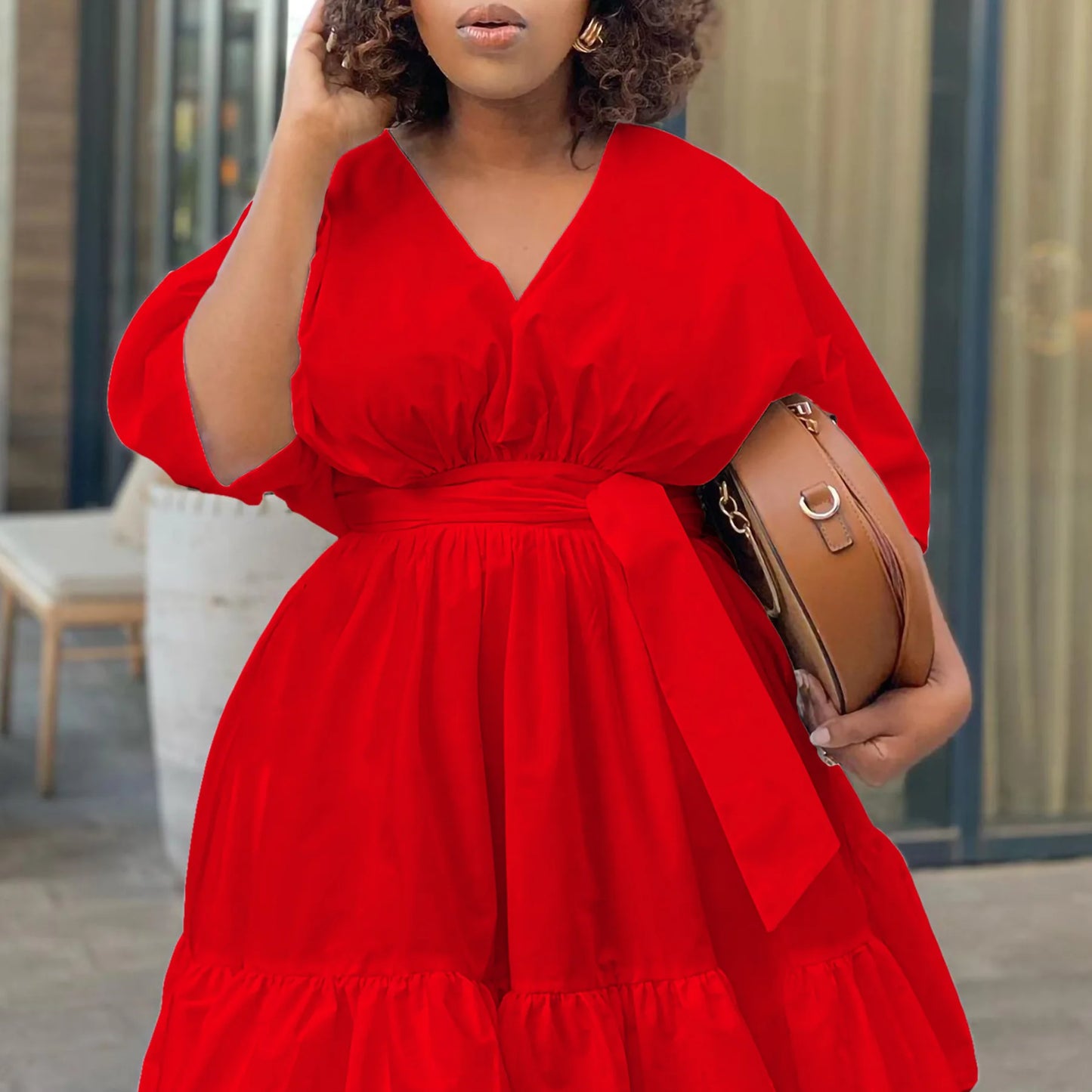 Plus Size Loose Casual Wide Elegant Belted Luxury Dinner Evening Midi / 2024 Spring Women Party Dress