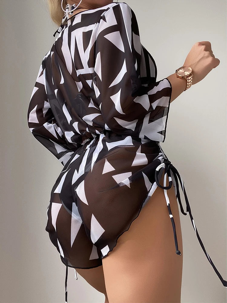 New 3 Piece Bikini Set Plus Size Swimsuit Women Long Sleeve Cover Up Print Halter Swimwear Beach Wear Sexy Bathing Suit 3XL