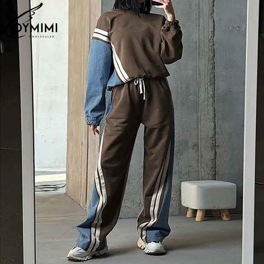 Oymimi Casual Blue Patchwork Sets For Women 2 Pieces O-Neck Long Sleeve Blouse And Drawstring Straight Sweatpants Set Streetwear