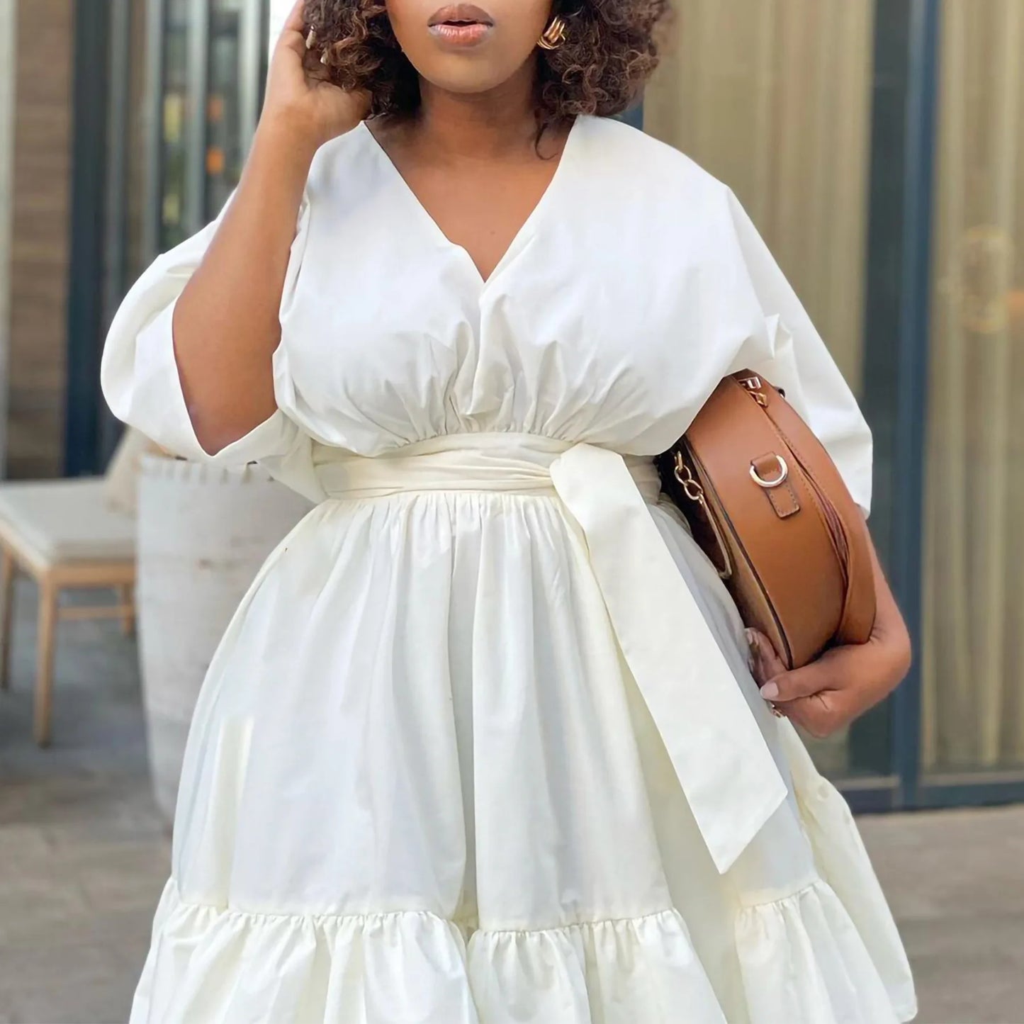 Plus Size Loose Casual Wide Elegant Belted Luxury Dinner Evening Midi / 2024 Spring Women Party Dress