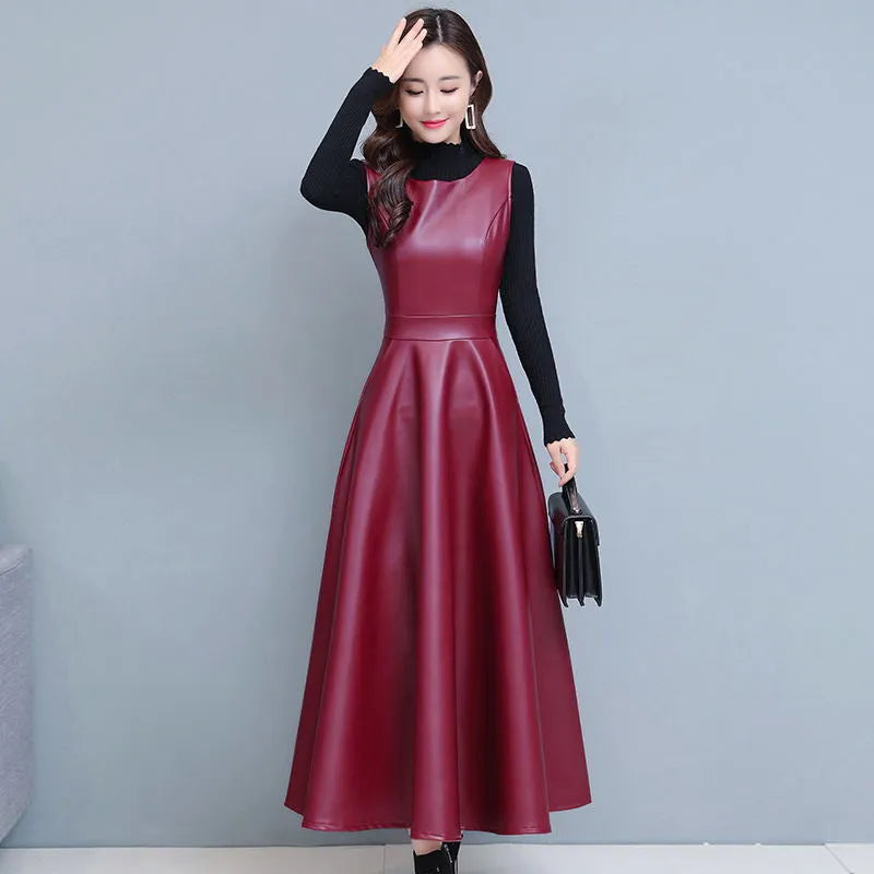 Sleeveless PU Leather Tank Dress Women With Pockets Autumn And Winter Fashion Office A-Line Party Long Maxi Dress (Ladies C235)