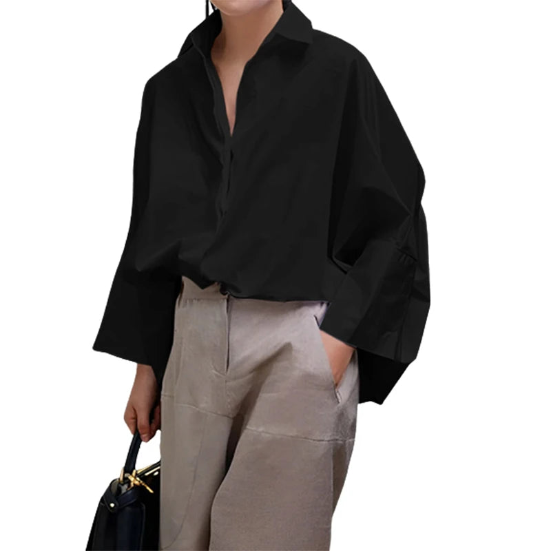 Fashion Solid Color Lapel Blouses All Season Long Sleeves Loose Casual Office Shirts