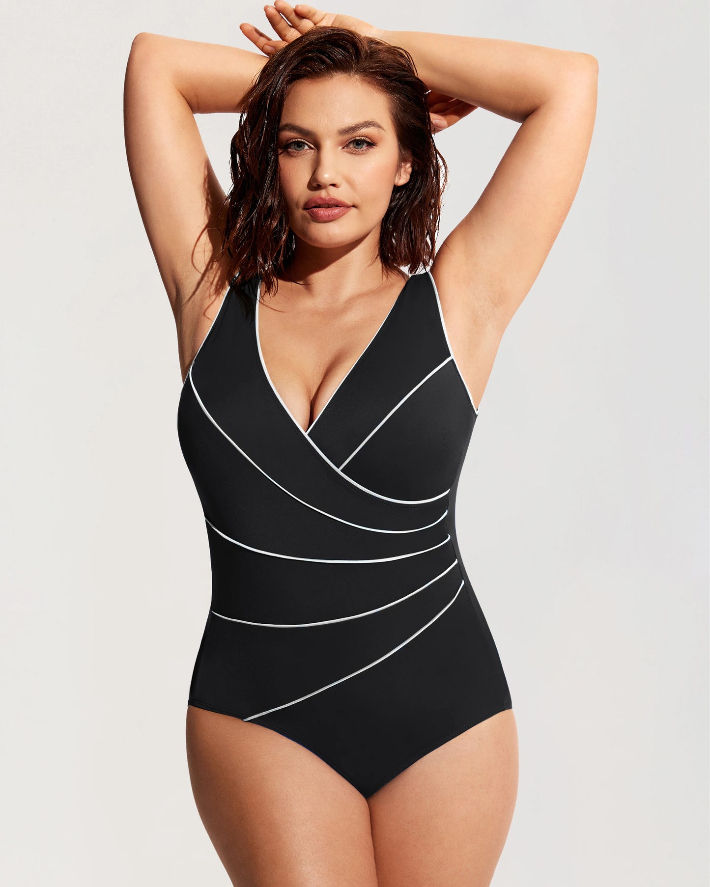 DELIMIRA Women's Slimming Swimwear One Piece Piped Swimsuit Plus Size Bathing Suit