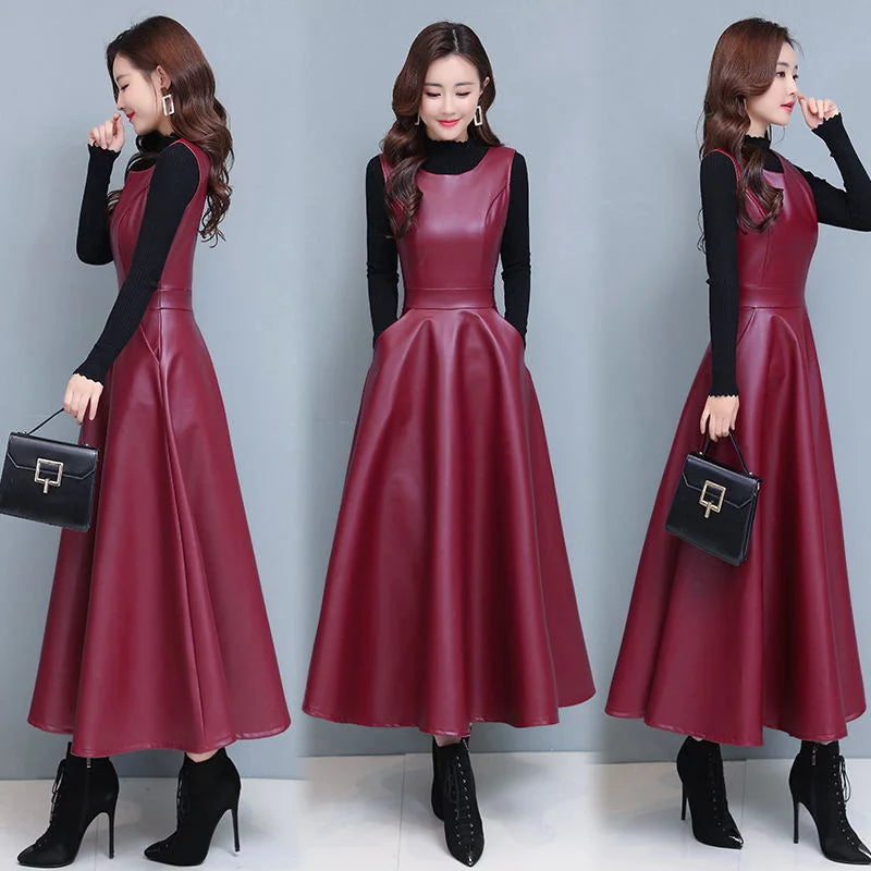 Sleeveless PU Leather Tank Dress Women With Pockets Autumn And Winter Fashion Office A-Line Party Long Maxi Dress (Ladies C235)