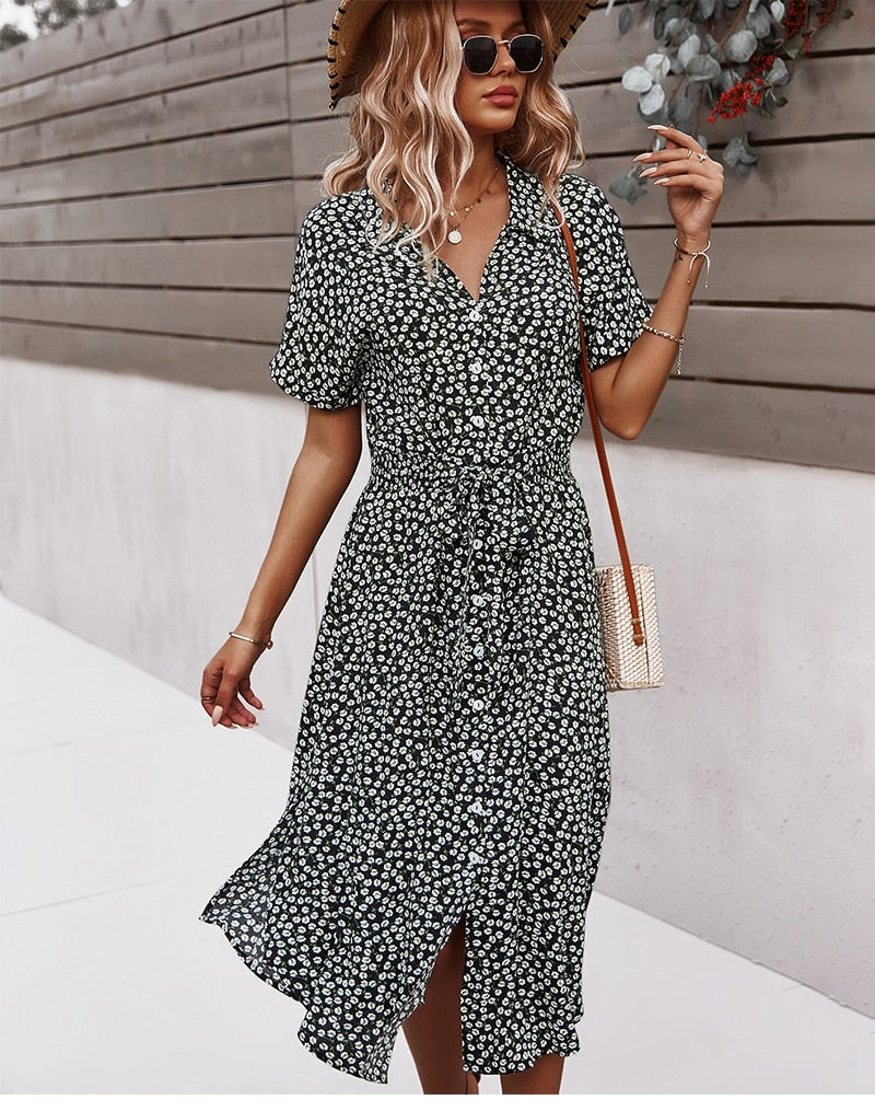 Women's Summer Floral Fashion Casual Short Sleeve Button Midi Dress Elegant Chic V-Neck Boho Beach Dress