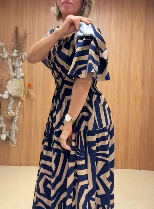 Summer Sexy Elegant Dress Geometric Print Off The Shoulder Short Sleeve Waist Ruffles